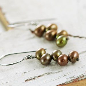 Rustic Brown Pearl Earrings Sterling Silver, Olive Green Cluster Earrings, Autumn Fashion, aubepine