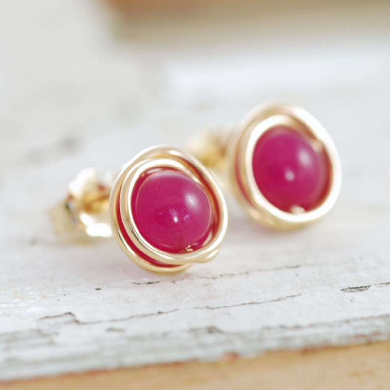 Bright Pink Post Earrings, Wire Wrapped Gold Gemstone Earrings, aubepine image 2