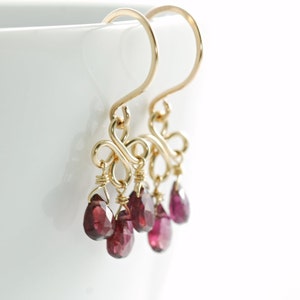 Red Garnet Chandelier Earrings 14k Gold Fill, January Birthstone Jewelry, Gemstone Dangle Earrings, Handmade Winter Fashion