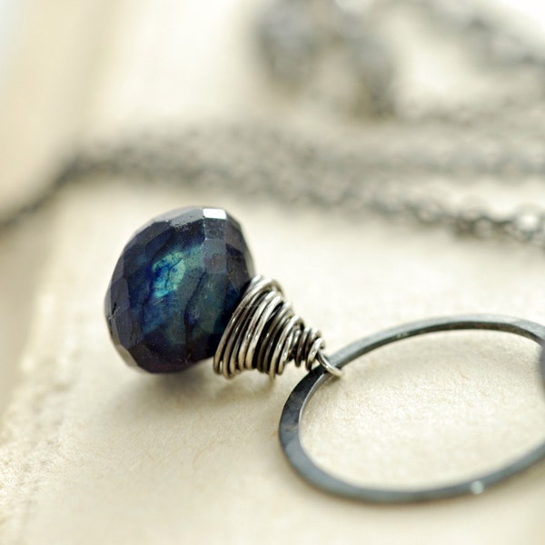 September Birthday Gemstone Necklace, Blue Labradorite Sterling Silver Spectrolite Pendant Handmade, Midnight, aubepine