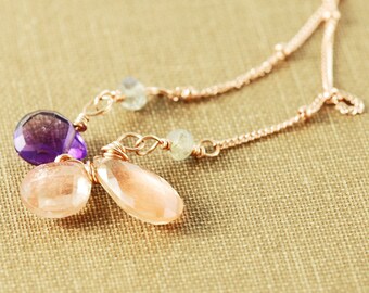 Sunstone Amethyst Rose Gold Gemstone Cluster Necklace, Peach Purple Gemstone Statement Necklace