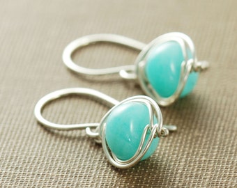 Sky Blue Gemstone Earrings Sterling Silver, Amazonite Wire Wrap Handmade Jewelry, aubepine