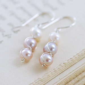 Pastel Pearl Earrings Sterling Silver, Bridesmaid Jewelry, June Birthstone, Delicate Pearl Dangle Earrings, aubepine image 3