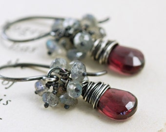 Holiday SALE  Garnet Earrings Sterling Silver, January Birthstone Jewelry, Red Gemstone Labradorite Cluster Earrings Handmade, aubepine