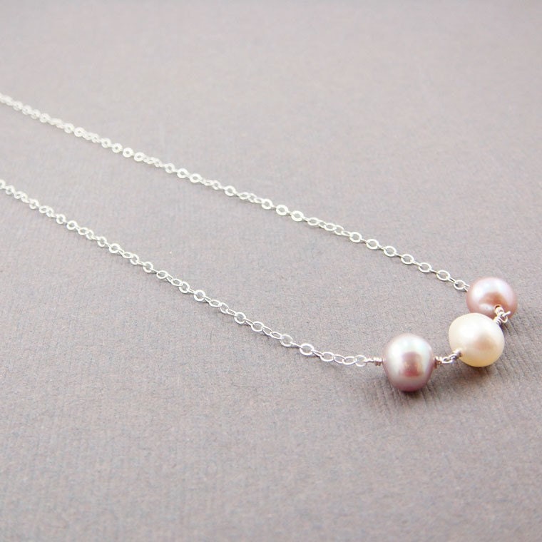 Pastel Pearl Necklace Sterling Silver, June Birthday, Wire