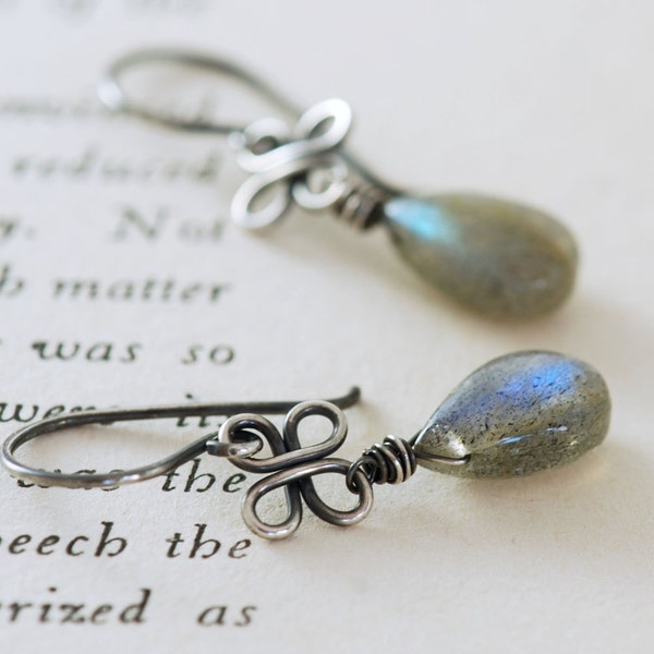 Labradorite Clover Earrings in Oxidized Sterling Silver, Gemstone Dangle Earrings, Handmade, aubepine