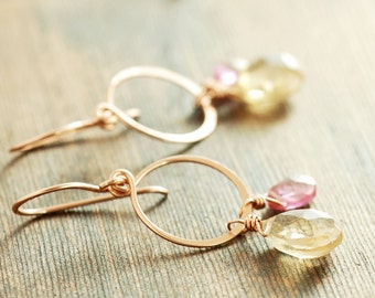 Topaz Rose Gold Hoop Earrings, Champagne Pink Gemstone Dangle Earrings, Birthstone Jewelry