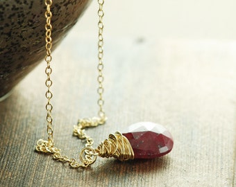 July Birthstone Ruby Necklace 14k Gold Fill, Red Gemstone Wire Wrapped Pendant