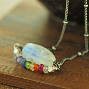 Double Rainbow Necklace, Layered Moonstone Necklace with Rainbow Gemstone Strand, Moonstone Birthstone Jewelry