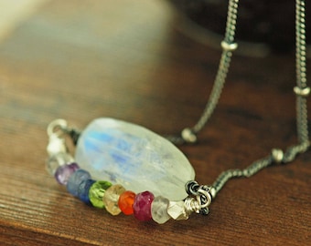 Double Rainbow Necklace, Layered Moonstone Necklace with Rainbow Gemstone Strand, Moonstone Birthstone Jewelry