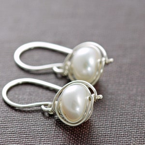 Pearl Earrings Sterling Silver, Bridal Jewelry, Wire Wrapped Handmade