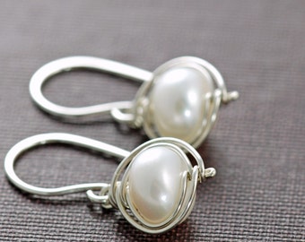 Pearl Earrings Sterling Silver, Bridal Jewelry, Wire Wrapped Handmade