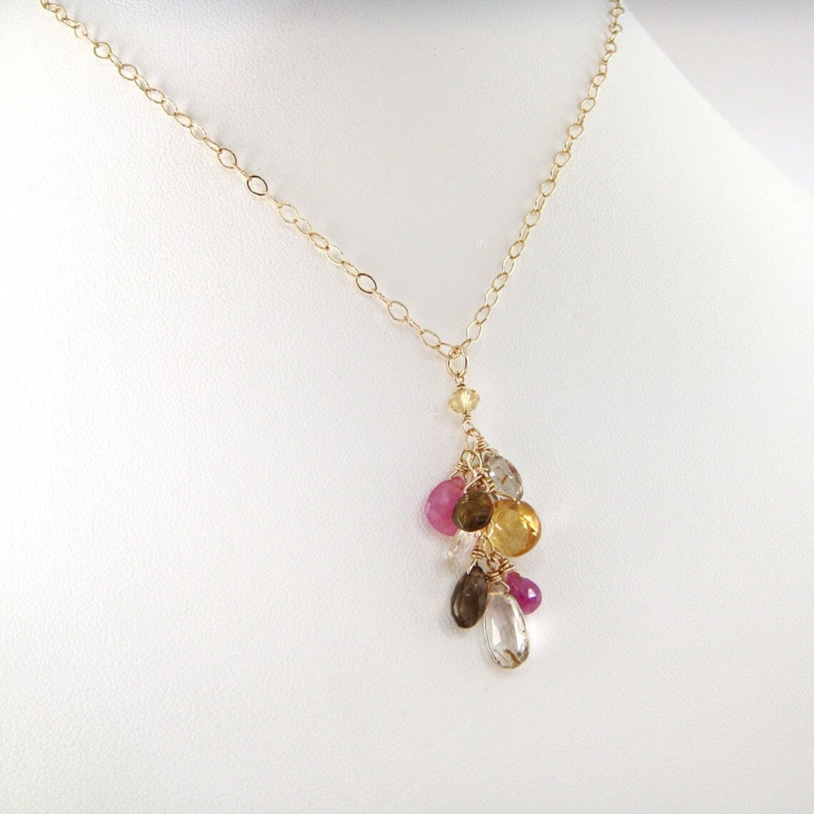 Gemstone Cluster Necklace 14k Gold Citrine Pink Sapphire Etsy