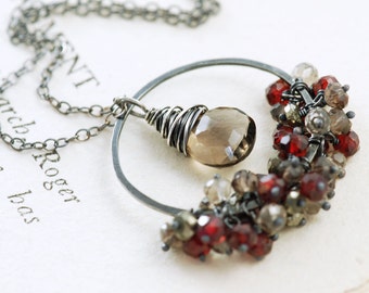 Sterling Silver Pendant Necklace, Garnet necklace with Quartz Pyrite Gemstone Clusters, January Birthstone Jewelry