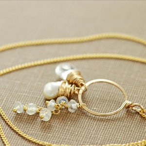 Gemstone Necklace, Topaz Moonstone Pearl 14k Gold Fill Pendant, Handmade, aubepine image 2