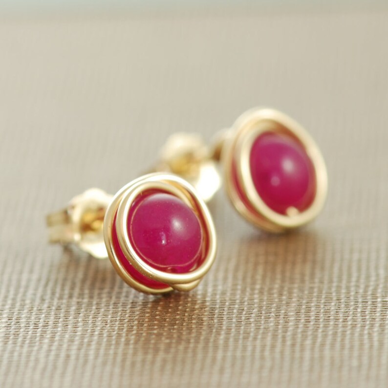 Bright Pink Post Earrings, Wire Wrapped Gold Gemstone Earrings, aubepine image 5