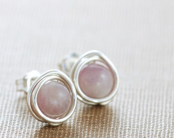 Pastel Post Earrings, Gemstone Lepidolite Sterling Silver Lavender Wire Wrapped Handmade, aubepine