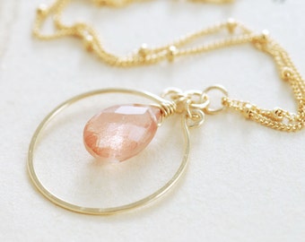 Oregon Sunstone Necklace in 14k Gold Fill, Delicate Peach Gemstone Pendant, Spring Fashion