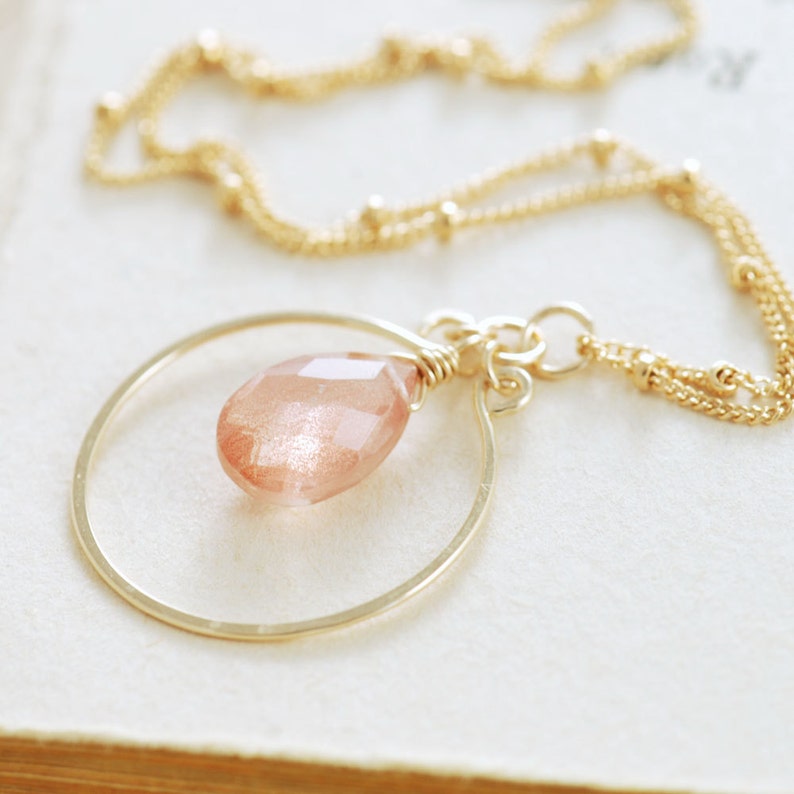 Oregon Sunstone Necklace in 14k Gold Fill, Delicate Peach Gemstone Pendant, Spring Fashion image 1