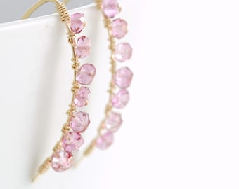 Wire Wrapped Pink Gemstone Earrings, October Birthstone Jewelry, Gold Quartz Earrings, aubepine