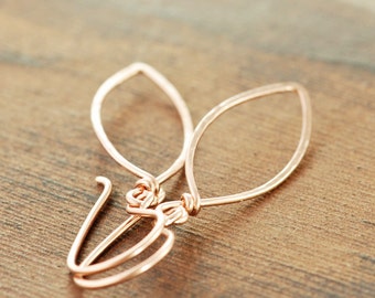 Rose Gold Leaf Earrings, 14k Gold Fill Leaves, Modern Minimal Metal Jewelry, Holiday Earrings