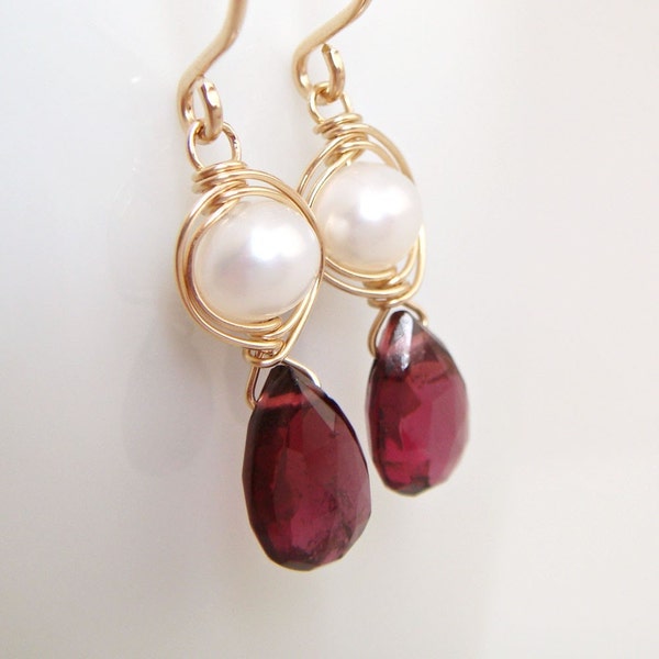 Garnet and Pearl Earrings 14k Gold Fill, January Birthstone Gemstone Jewelry, Handmade Dangle Earrings, aubepine
