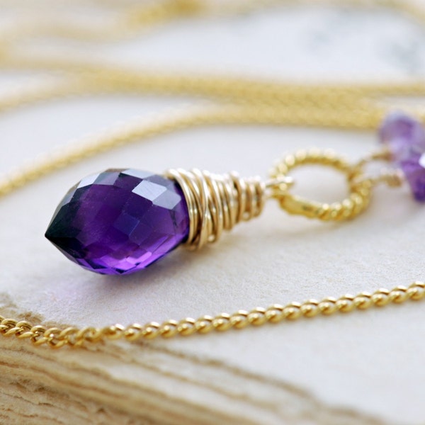 Gold Amethyst Necklace, February Birthstone Necklace, Purple Gemstone Pendant, Wire Wrapped Handmade, aubepine
