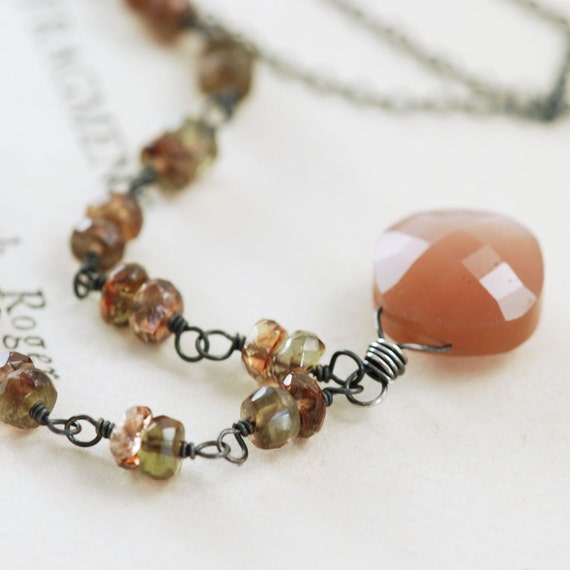 Sterling Silver Moonstone Necklace, Mocha Gemstone Pendant, Bohemian Jewelry, aubepine