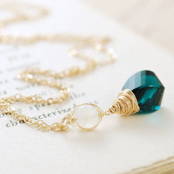 Gold Pendant Necklace, Teal Quartz Moonstone Necklace, Gemstone Layering Necklace, aubepine