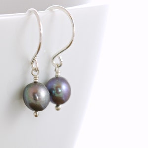 Simple Peacock Pearl Earrings Sterling Silver, June Birthstone Jewelry, Handmade Dangle Earrings