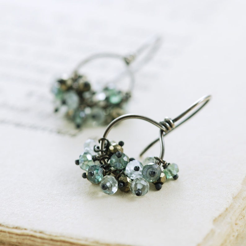 Holiday SALE Sterling Silver Cluster Earrings, Teal Gray Gemstone Hoop Earrings, March Birthstone Jewelry, Aquamarine Pyrite, aubepine image 3