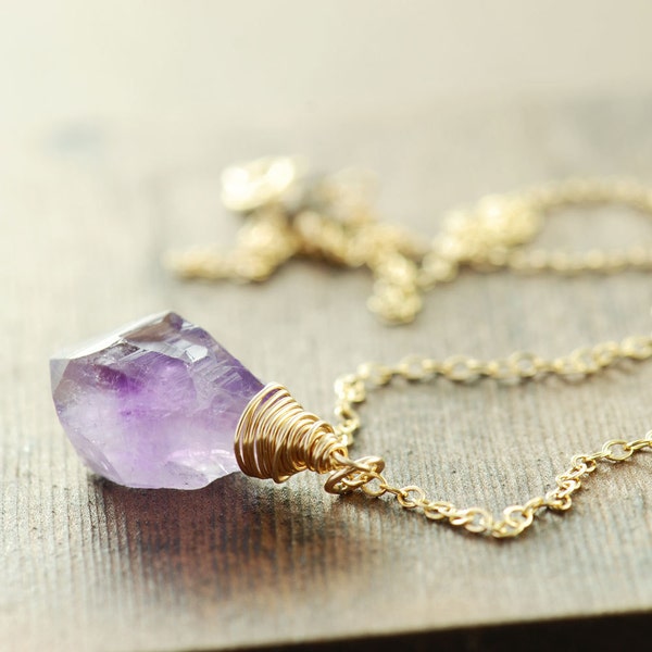 Ombre Amethyst Gemstone Gold Pendant Necklace, February Birthstone Jewelry, Rustic Purple Amethyst Necklace