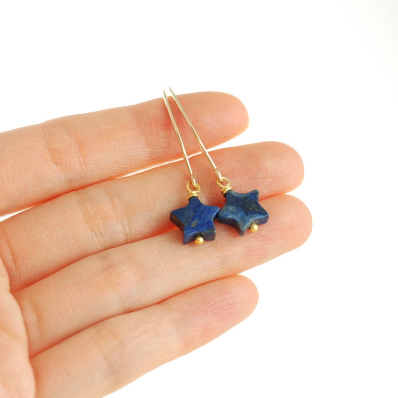 Navy Blue Star Earrings, Lapis Lazuli Gold Dangle Earrings image 4