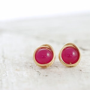 Bright Pink Post Earrings, Wire Wrapped Gold Gemstone Earrings, aubepine image 4