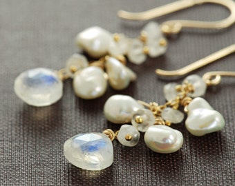 Moonstone Pearl Earrings in 14k Gold Fill, Gemstone Dangle Earrings Handmade, aubepine