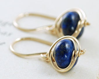 Navy Blue Lapis Lazuli Earrings, 14k Gold Fill Dangle Earrings, Wire Wrapped Gemstone Handmade, aubepine