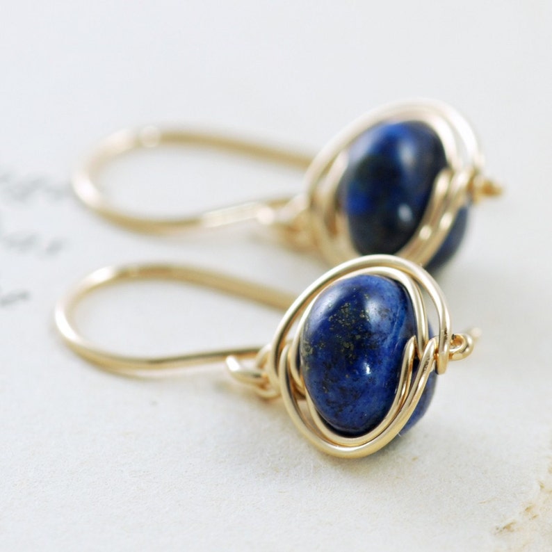 Navy Blue Lapis Lazuli Earrings, 14k Gold Fill Dangle Earrings, Wire Wrapped Gemstone Handmade, aubepine image 1