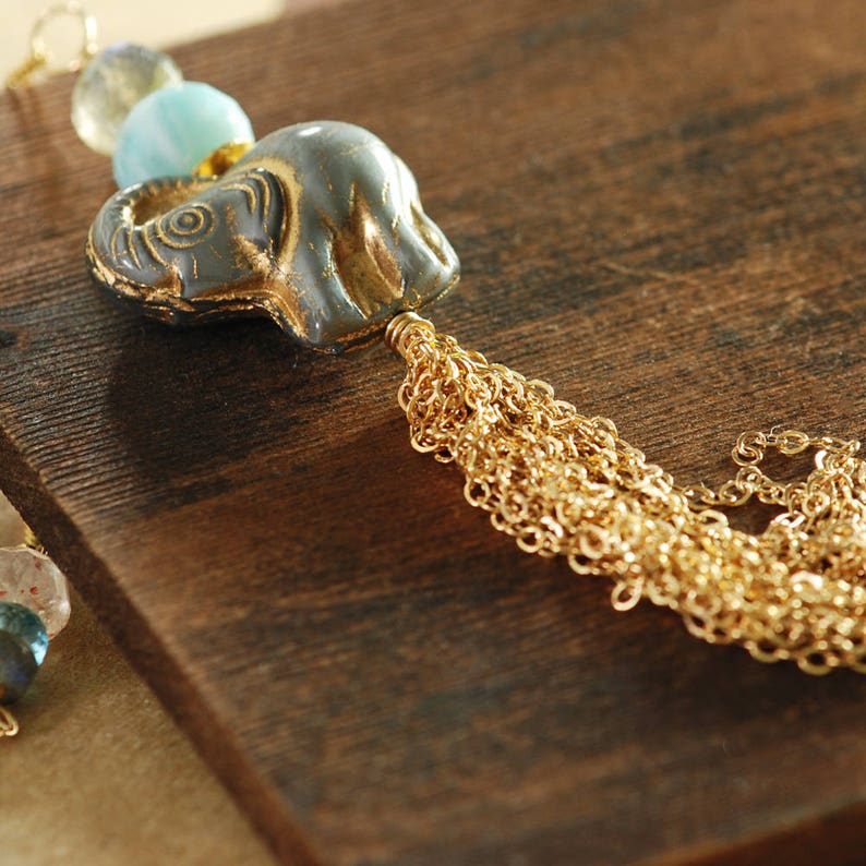 Elephant Tassel Necklace with Labradorite Larimar Sunstone and Topaz, Long Layering Gold Gemstone Necklace, Bohemian Jewelry image 4