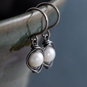 Pearl Sterling Silver Earrings Handmade Oxidized, Ash and Snow, aubepine image 5