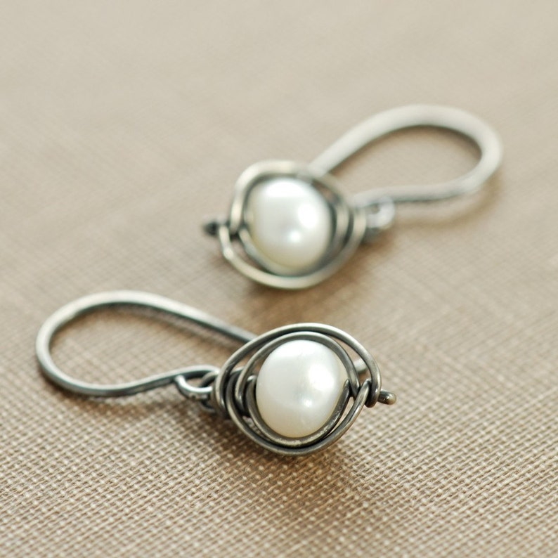 Pearl Sterling Silver Earrings Handmade Oxidized, Ash and Snow, aubepine image 3