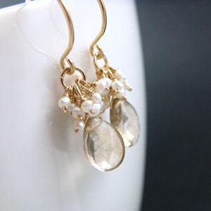 Citrine Seed Pearl Dangle Earrings 14k Gold Fill, Wire Wrapped Gemstone Earrings, aubepine image 5