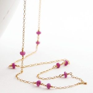 Pink Sapphire Gold Necklace, Gemstone Layering Necklace, September Birthstone, Long Delicate, aubepine