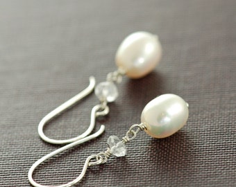 Pearl Topaz Earrings in Sterling Silver, Bridal Jewelry, June Birthstone Gemstone Dangle Earrings, Handmade