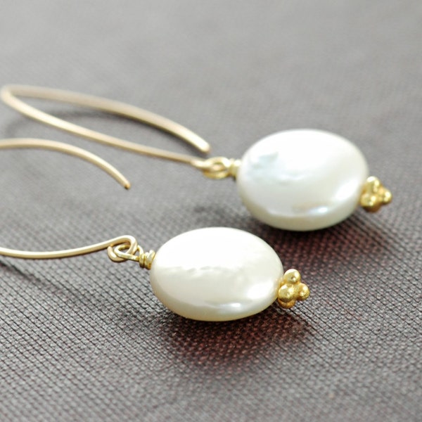 Coin Pearl Earrings in 14k Gold Fill, Handmade