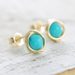 Turquoise Post Earrings Wrapped in 14k Gold Fill, December Birthstone Jewelry, Handmade, aubepine image 1