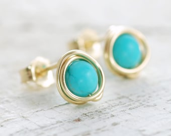 Turquoise Post Earrings Wrapped in 14k Gold Fill, December Birthstone Jewelry, Handmade, aubepine