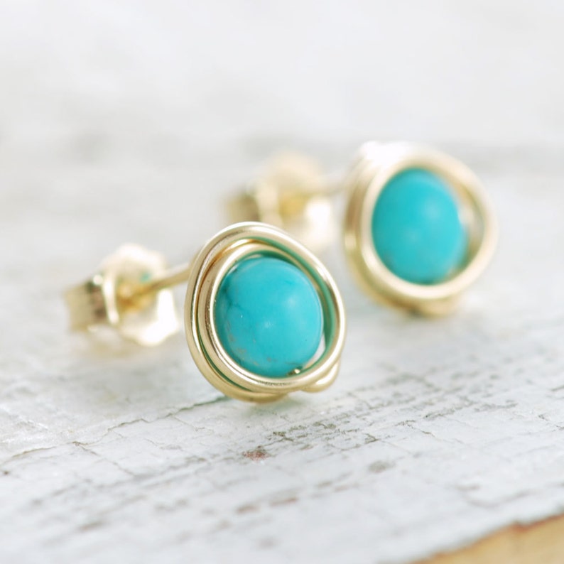 Turquoise Post Earrings Wrapped in 14k Gold Fill, December Birthstone Jewelry, Handmade, aubepine image 1