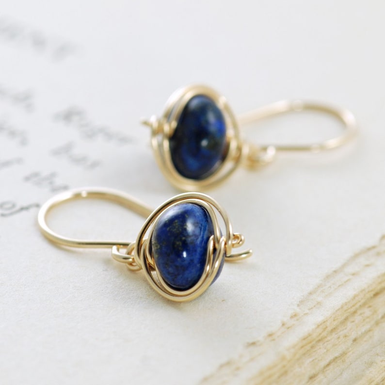 Navy Blue Lapis Lazuli Earrings, 14k Gold Fill Dangle Earrings, Wire Wrapped Gemstone Handmade, aubepine image 3