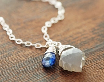 Thunder and Lightening Moonstone Jewelry, Sterling Silver Blue Gray Gemstone Necklace