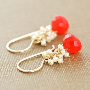 Bright Orange Gemstone Earrings with Seed Pearl Clusters, Gold Dangle Earrings image 2
